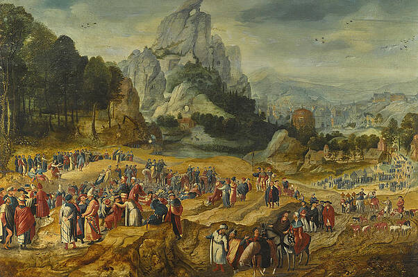 An extensive Landscape With the Preaching of Saint John The Baptist and the Baptism of Christ Print by Herri met de Bles