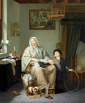 An Interior with a Woman doing Needlework and a Young Boy with a Hoop Print by Frans van Mieris the Younger