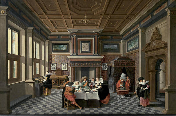 An Interior with Ladies and Gentlemen Dining Print by Dirck van Delen