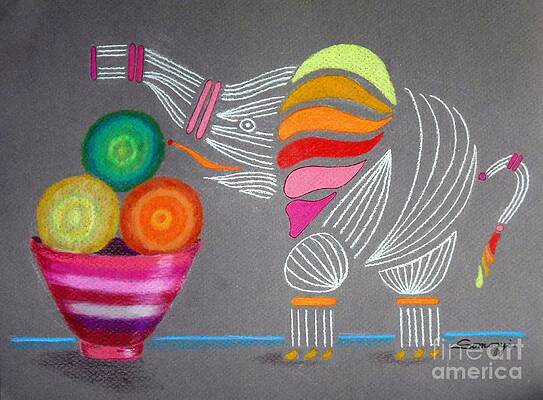 Wall Art - Drawing - Apples and Oranges and Elephants, Oh My -- Whimsical Still Life w/ Elephant by Jayne Somogy