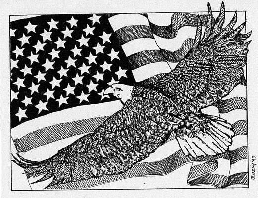 Wall Art - Drawing - Bald Eagle Over American Flag by Donald Aday