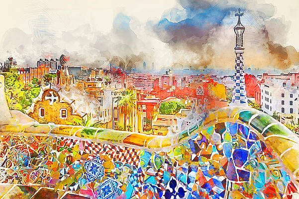 Modern Painting - Barcelona, Parc Guell - 05 by AM FineArtPrints