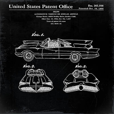 Original Design 281 Batmobile Official 1989 Batman Movie US Patent Art Print 