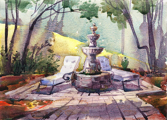 garden acrylic courtyard gift Flower Garden Fountain painting impressionist Kentucky Louisville square marble original wall art