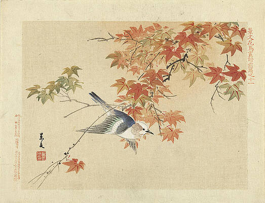 Bird flying through autumn branches Print by Matsumura Keibun