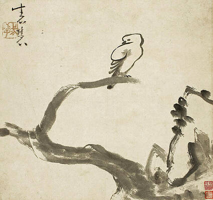 Wall Art - Drawing - Bird Perching on Tree Branch by Niu Shihui