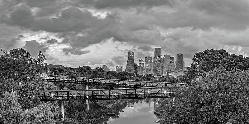 Wall Art - Photograph - Black and White Panorama of Downtown Houston and Buffalo Bayou from the Studemont Bridge - Texas by Silvio Ligutti