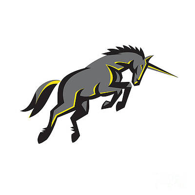 Wall Art - Digital Art - Black Unicorn Horse Charging Isolated Retro by Aloysius Patrimonio