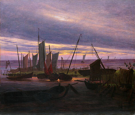 Boats In The Harbour At Evening Print by Caspar David Friedrich