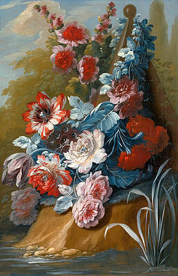Bouquets of Flowers on a Ledge above Water 2 Print by Mary Moser