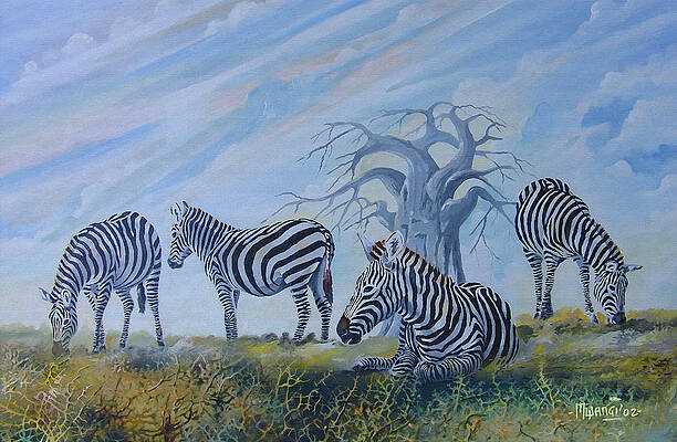 Wall Art - Painting - Browsing Zebras by Anthony Mwangi