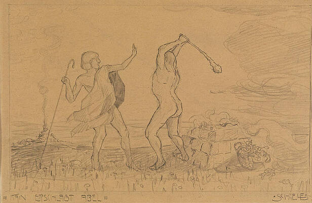 Cain slaying Abel Print by Egon Schiele