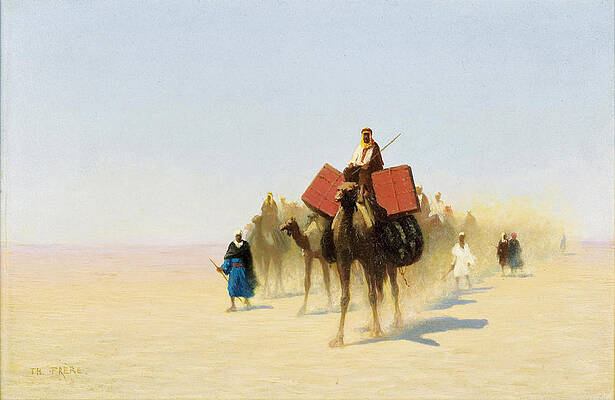 Caravan Of Egyptian Dealers. Suez Desert Print by Charles-Theodore Frere