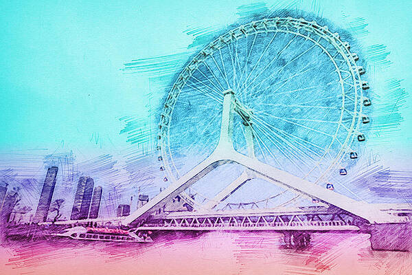 Wall Art - Drawing - Carousel Ferris Wheel Bridge by Nenad Cerovic