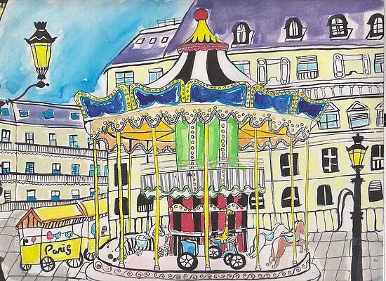 Wall Art - Drawing - Carousel Paris Illustration Hand Drawn by Dragana  Gajic