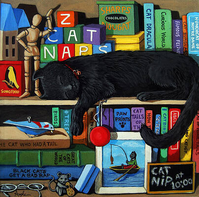 Cat Naps - old books oil painting by Linda Apple