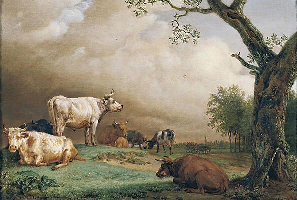 Cattle in a Field with Travellers in a Wagon on a Track beyond and a Church Tower in the distance Print by Paulus Potter