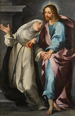 Christ exchanging his Heart with Saint Catherine Print by Ventura Salimbeni