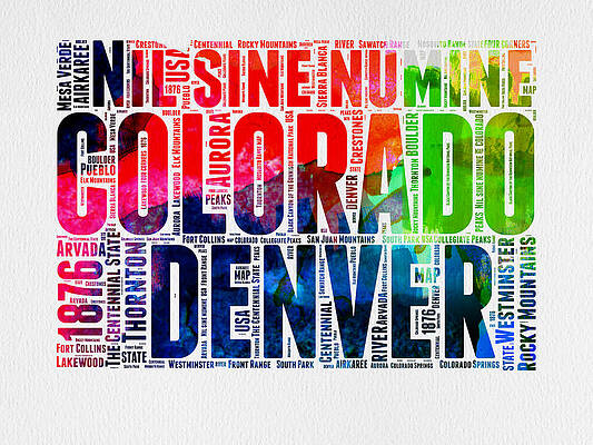 Wall Art - Digital Art - Colorado Watercolor Word Cloud Map  by Naxart Studio