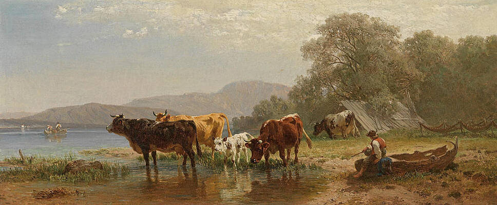 Cows by the Lakeshore with Fishing Boat Print by Friedrich Voltz