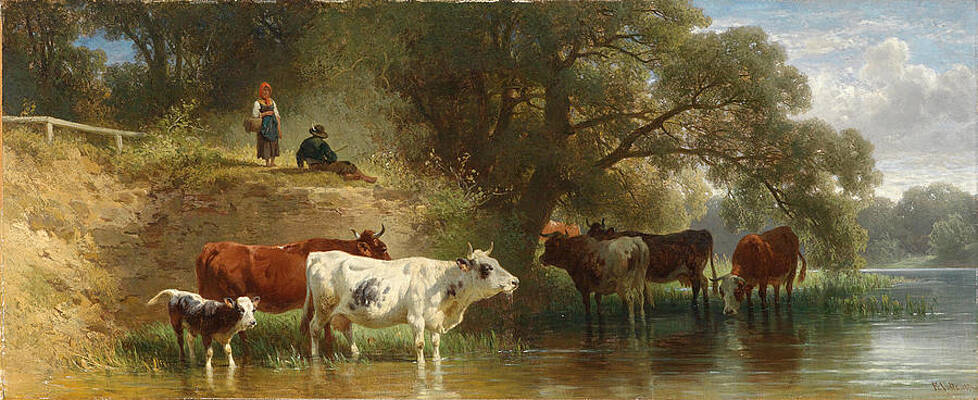 Cows Grazing by the River with Shepherd Print by Friedrich Voltz