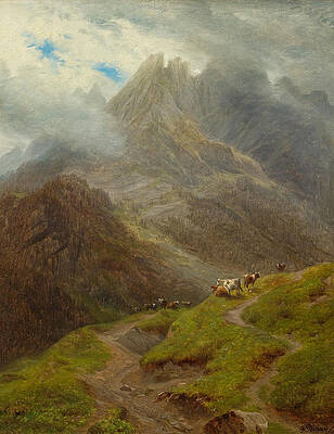 Cows grazing on the Schwarzwaldalp near Roslaui with the Engelhorner in the background Print by Francois Diday
