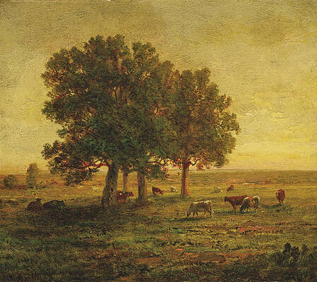 Cows under a Group of Oaks. Apremont Print by Theodore Rousseau