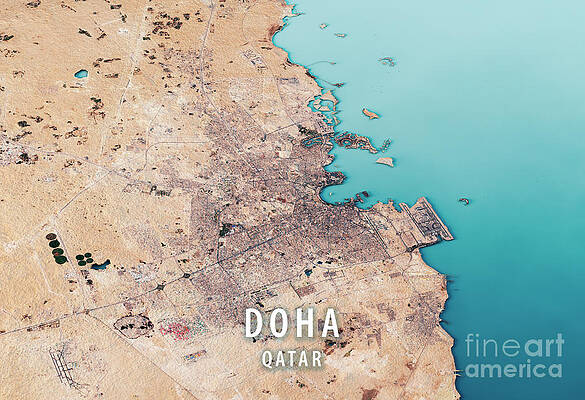 Wall Art - Digital Art - Doha 3D Render Satellite View Topographic Map Horizontal by Frank Ramspott