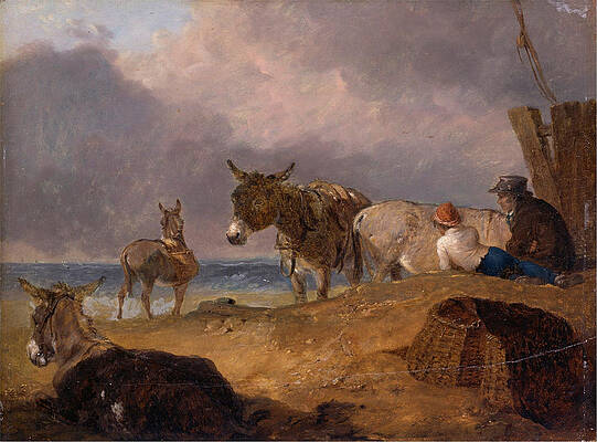 Donkeys and Figures on a Beach Print by Julius Caesar Ibbetson