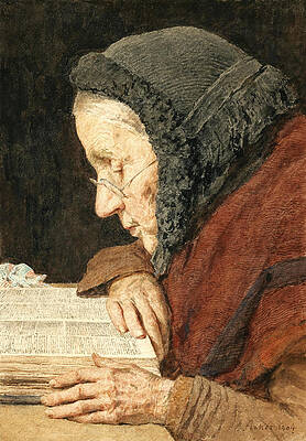 Elderly Woman Reading The Bible Print by Albert Anker