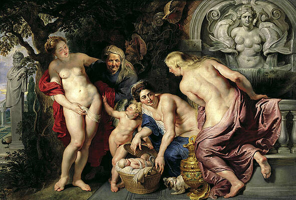Erichthonius Discovered By The Daughters Of Cecrops Print by Peter Paul Rubens