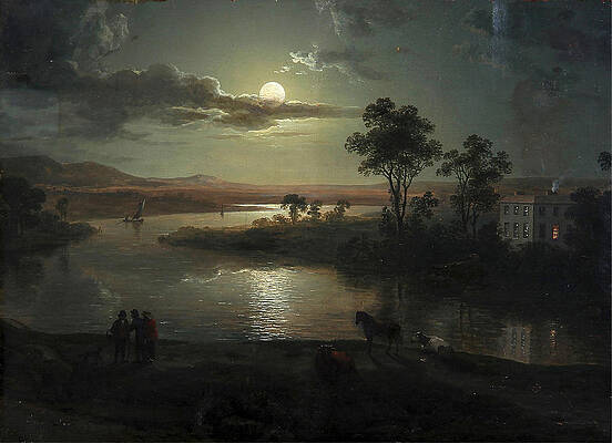 Evening scene with full moon and persons Print by Abraham Pether