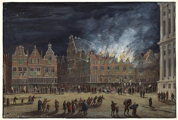 Fire on the corner of Kalverstraat and Dam Square in Amsterdam Print by Abraham Rademaker