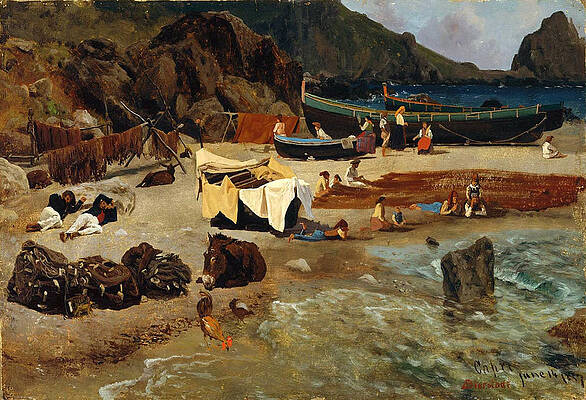 Fishing Boats at Capri Print by Albert Bierstadt