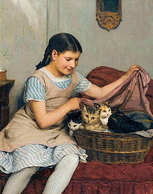 Girl With Cats Print by Albert Anker