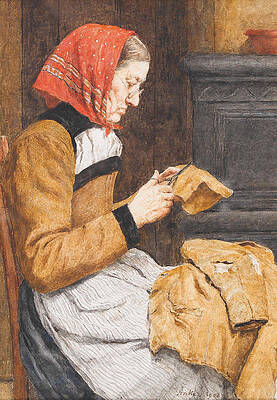 Grandmother With Patchwork Print by Albert Anker