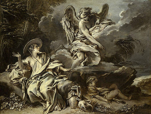 Hagar and Ishmael in the desert with the angel Print by Francois Boucher