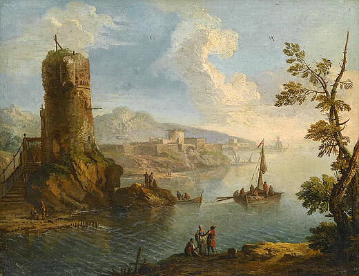 Harbour scene with a ruined watch tower and groups of figures standing on the Rocky shore Print by Paolo Anesi