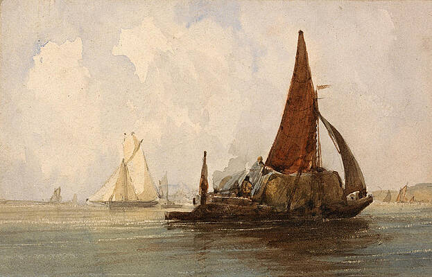 Hay Barge in a Calm Sea Print by Charles Bentley