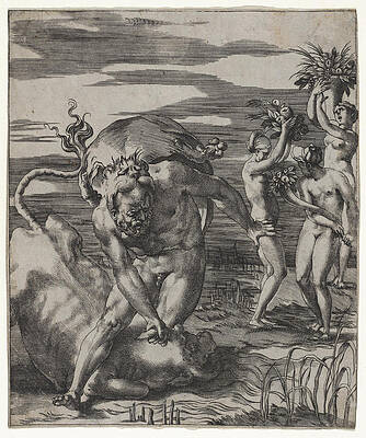 Hercules Defeating The River God Achelous In The Form Of A Bull Print by Giovanni Jacopo Caraglio