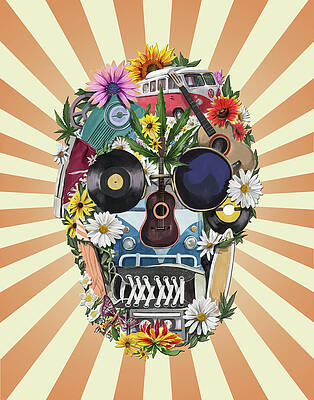 Wall Art - Painting - Hippie Retro Skull 2 by Bekim M
