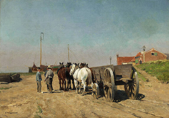 Horse-drawn carriage with barrow on a sandy road Print by Frans Van Leemputten