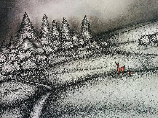 Wall Art - Drawing - House on a Hill in the Woods by Summer Porter
