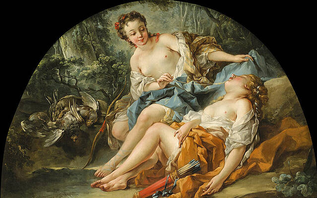 Hunting Nymphs Print by Attributed to Francois Boucher
