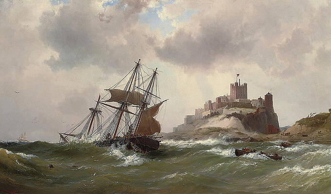 In dangerous waters off Bamburgh Castle. Northumberland Print by Vilhelm Melbye