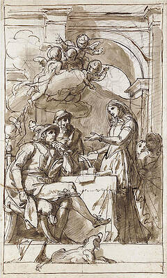 Interior scene with lady and two men Print by Luigi Agricola