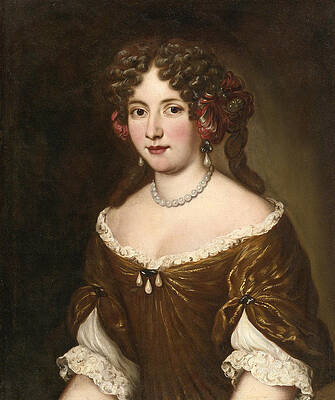 Portrait of Isabella Strozzi Costaguti, half length, in a gold dress and pearls Print by Jacob Ferdinand Voet and Studio