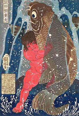 Wall Art - Painting - Kintoki Swims up the Waterfall by Kuniyoshi