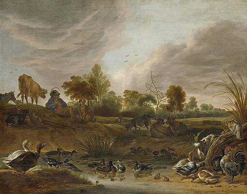 Landscape with animals Print by Cornelis Saftleven
