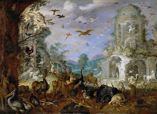 Landscape with animals. In the background Orpheus and the Thracian women Print by Roelant Savery